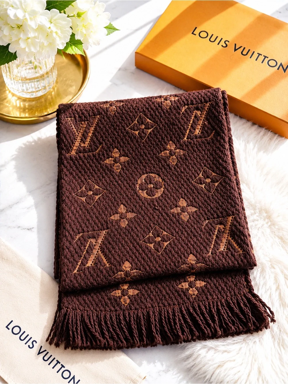 Louis Vuitton Brown Monogram Logomania Fringe Scarf Wool Silk Blend